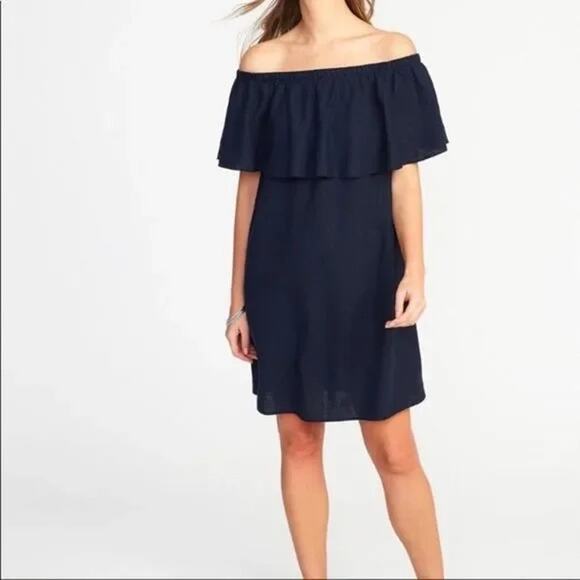 Old Navy | NWT Off the Shoulder Ruffle Navy Blue Linen Blend Shift Dress - Picture 1 of 9